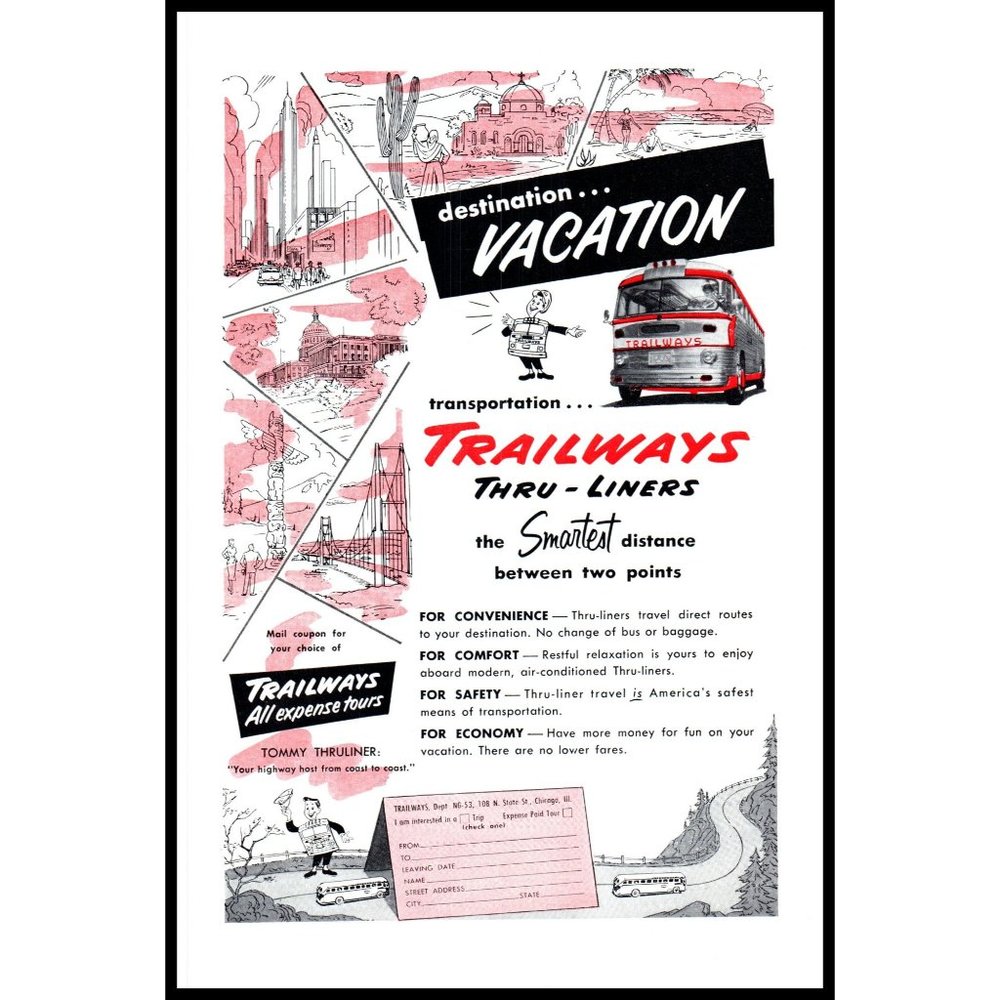1953 Trailways Coach Bus Lines Vintage Print Ad Tommy ThruLiner Mascot Wall Art